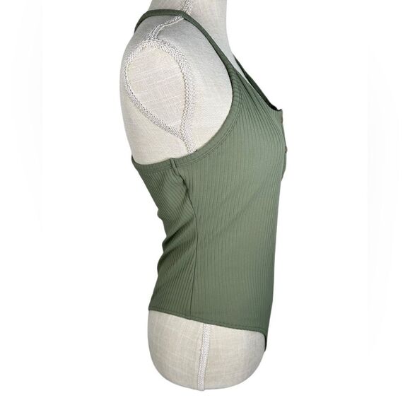 Victoria Secret Sport Olive Green Ribbed Racerback Snap Button Front Bodysuit - Picture 3 of 8